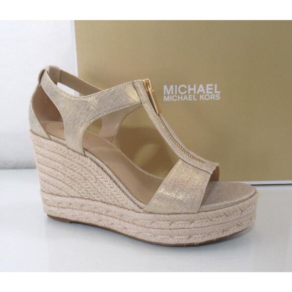 Michael Kors Berkley Mid Platform Wedge Sandals Espadrille Pale Gold Size 7.5 - Picture 1 of 6